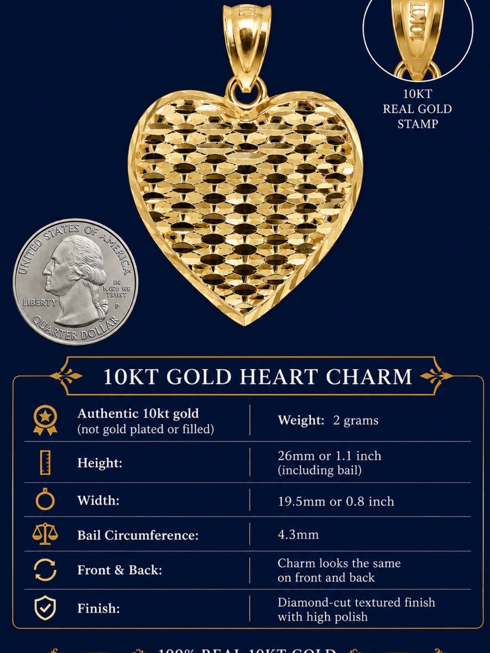 10KT Gold Heart Charm Pendant - Classic Yellow Gold